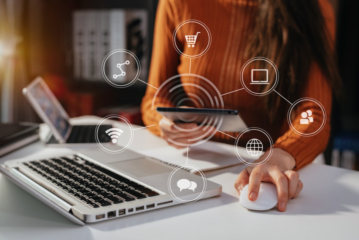 Digital marketing media in virtual icon globe shape business ope
